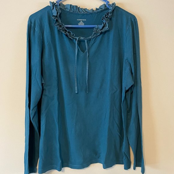 Womens Lands End Ruffled V-Neck Aqua L/S Top size XL quality casual cotton shirt - Picture 1 of 12